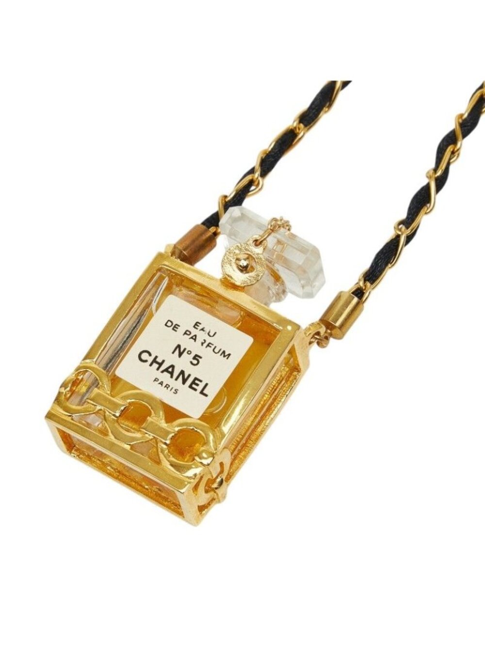 Chanel Perfume Bottle Chain Pendant Black Gold Plastic Plated